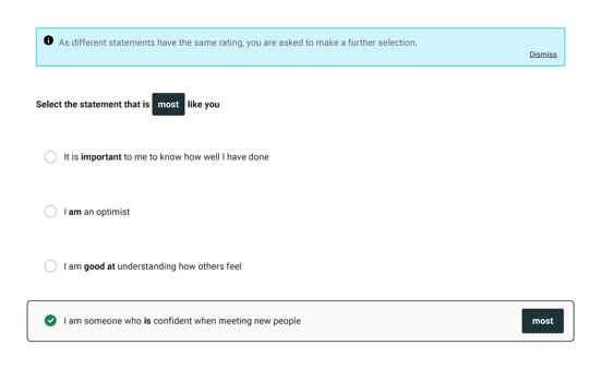 example of the Match 6.5 most and least like me selection