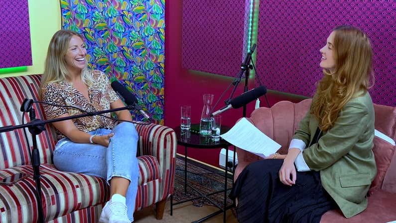 Olivia Black and Hannah Mullaney recording The Deep Dive podcast
