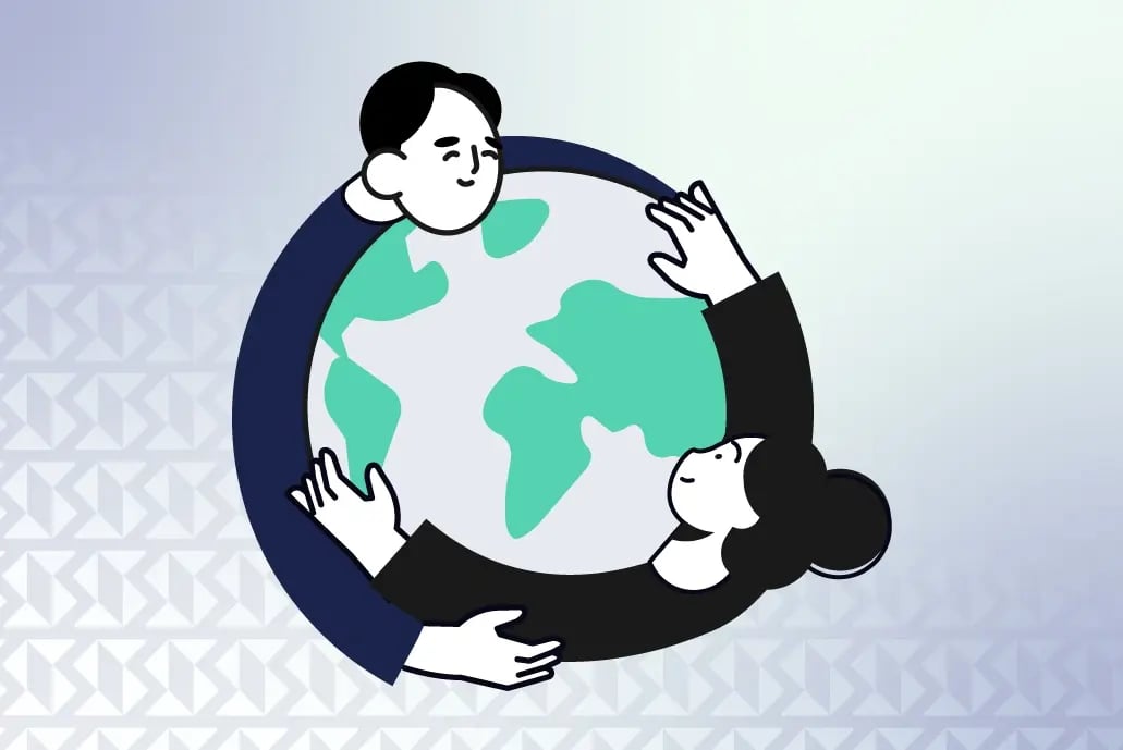 Illustration of two people hugging the world