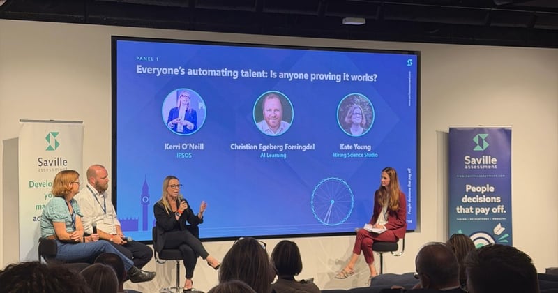 Panel on AI in hiring at a live Saville event in London: Kerri O'Neill speaking alongside Kate Young, Christian Egeberg Forsingdal and host Hannah Mullaney