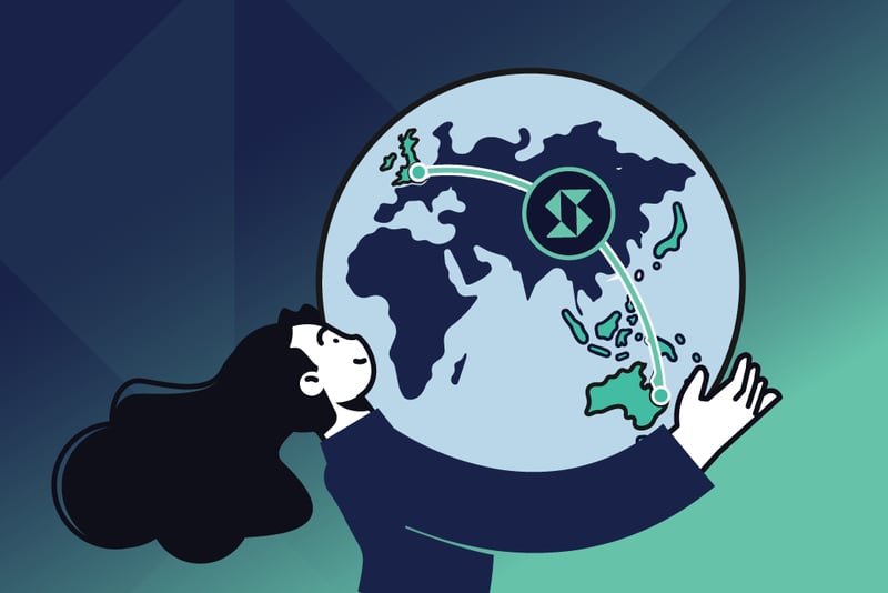 Illustration of a woman holding a globe, with the Saville logo linking the UK and Australia