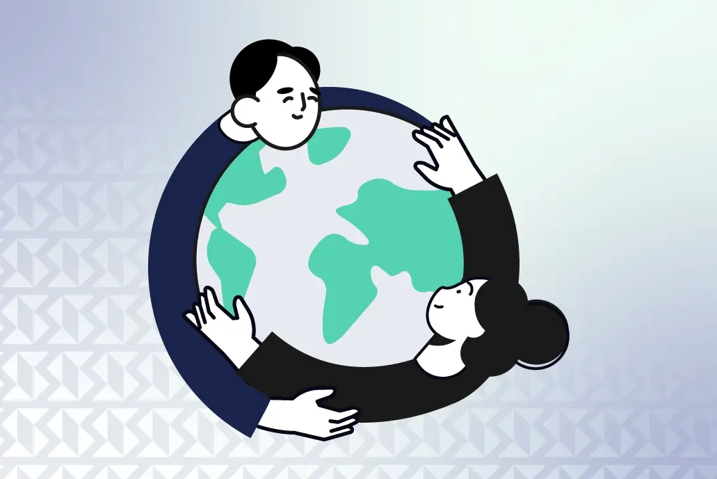 Illustration of two people hugging the world
