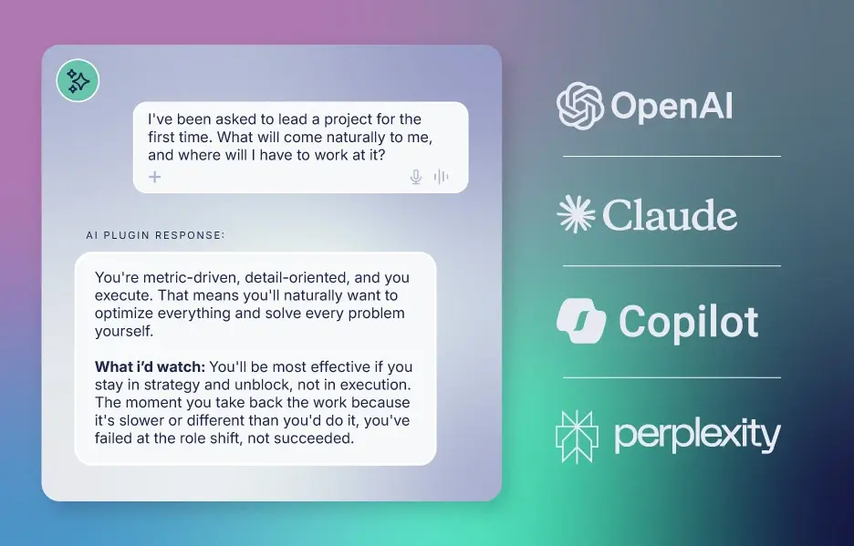 A manager asks the Wave Connect AI plugin how to lead a project for the first time, alongside OpenAI, Claude, Copilot and Perplexity logos