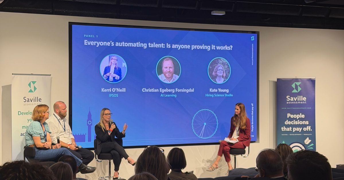 Panel on AI in hiring at a live Saville event in London: Kerri O'Neill speaking alongside Kate Young, Christian Egeberg Forsingdal and host Hannah Mullaney