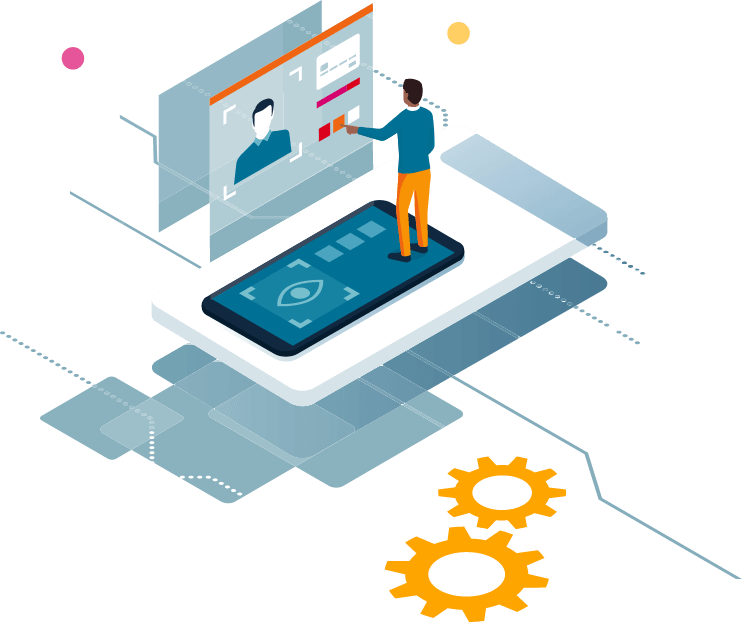 Isometric illustration of man interacting with a touch screen
