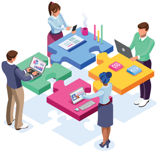 Illustration of people working around a desk split into puzzle pieces