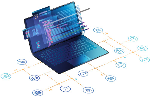 illustration of a laptop surrounded by a network of technology icons