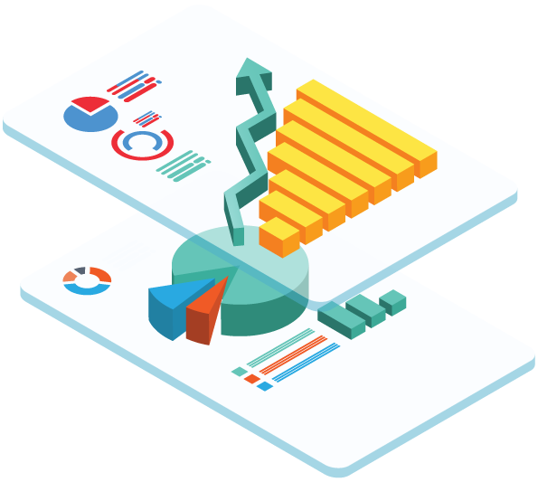 Illustration of 3d report pages with data graphs and charts