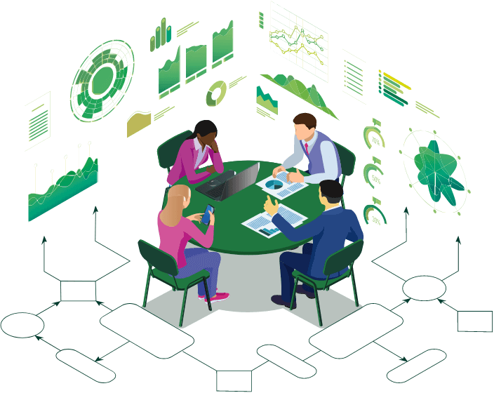 illustration of people having a meeting around a desk with data and graphs surrounding them