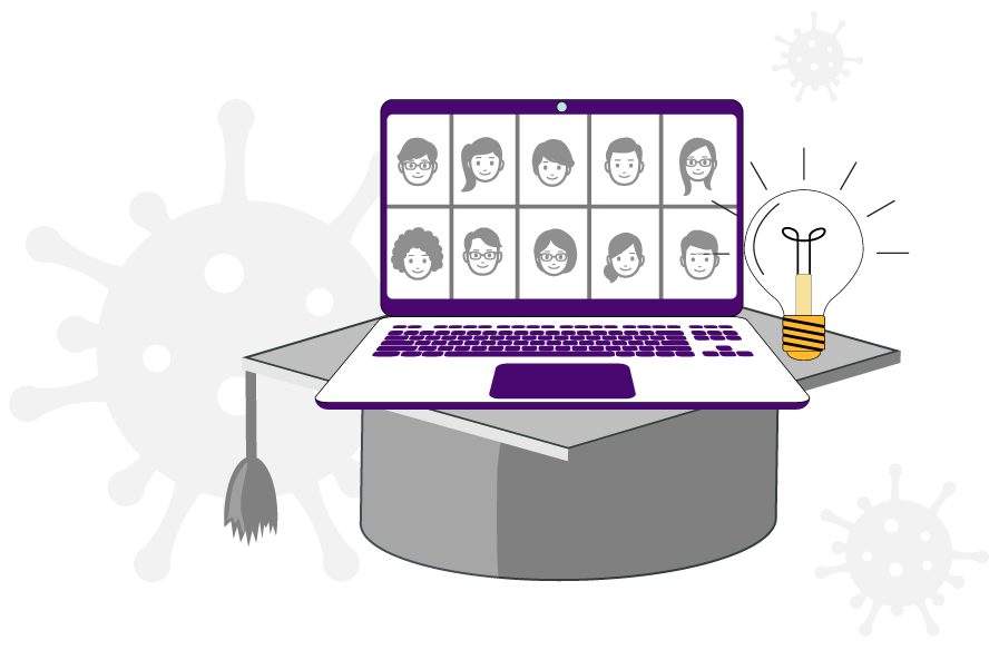 illustration of video call on laptop sitting on a mortarboard with covid virus icons
