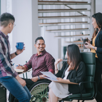 group of happy people in discussion