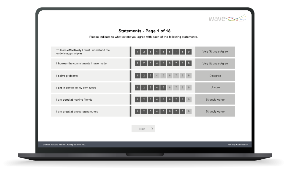 wave strengths questionnaire mockup