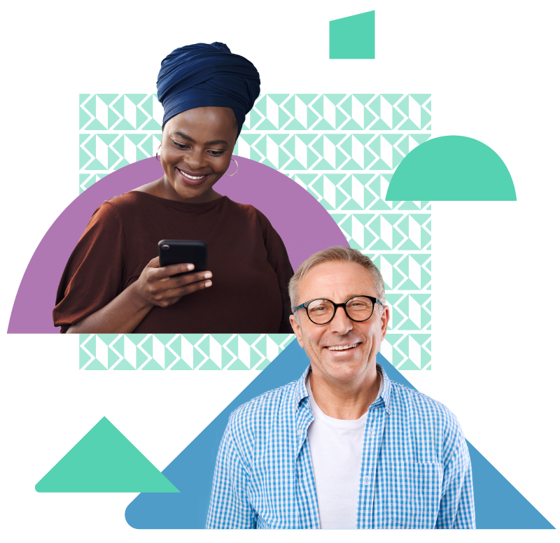 male and female leader surrounded by branded shapes