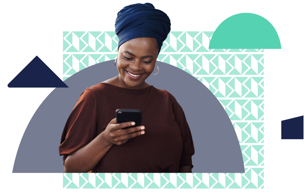 woman on a phone surrounded by branded shapes