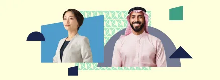 Diverse male and female leaders surrounded by branded shapes