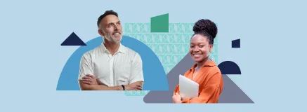 Male and female leaders surrounded by branded shapes