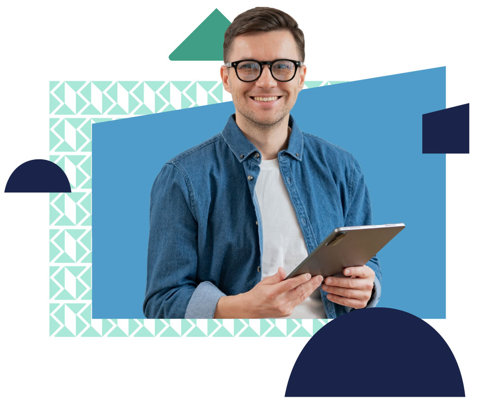 man with glasses holding ipad