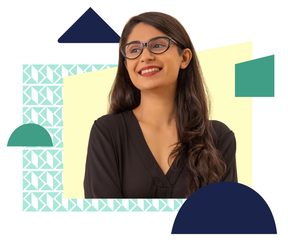 woman with glasses surrounded by branded shapes