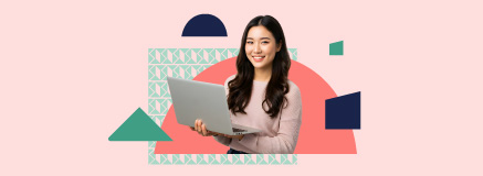woman holding a laptop surrounded by branded shapes