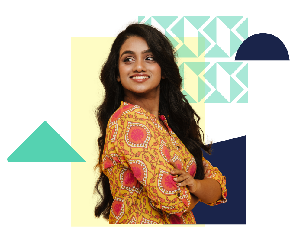 woman surrounded by branded shapes