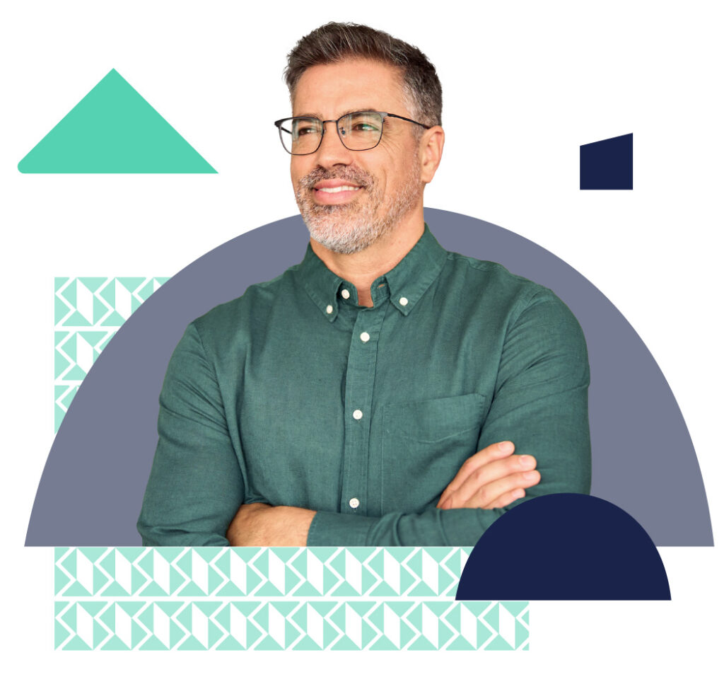 Senior man with glasses surrounded by branded shapes