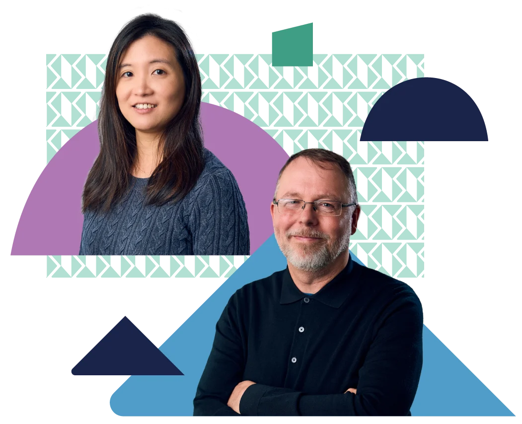 2 Saville employees surrounded by branded shapes