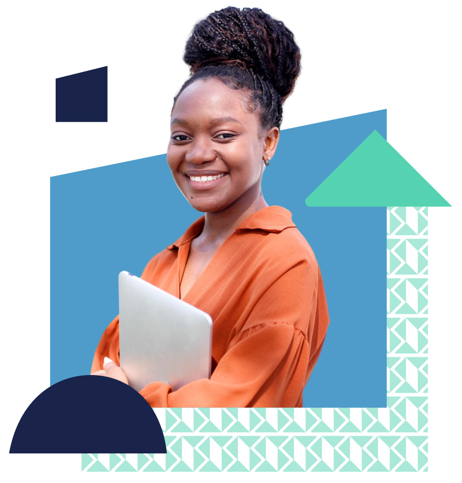 Woman with laptop surrounded by branded shapes