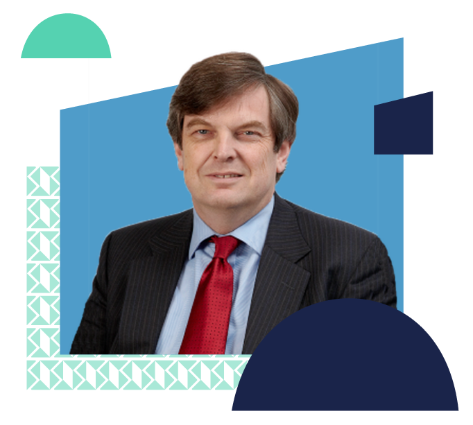 Roger Siddle surrounded by branded shapes