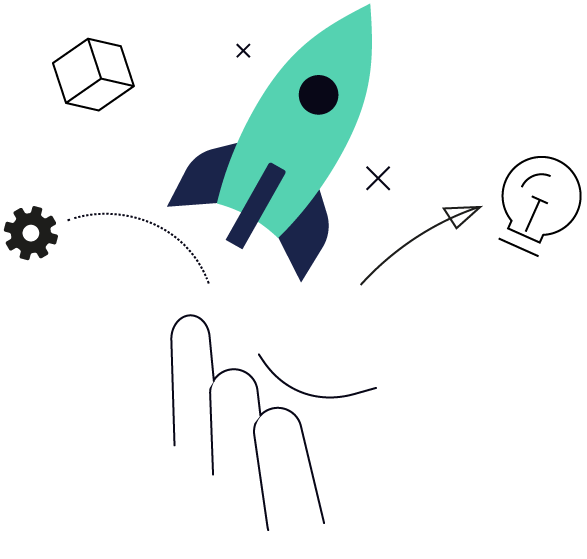 Illustration of hand holding rocket cog and lightbulb