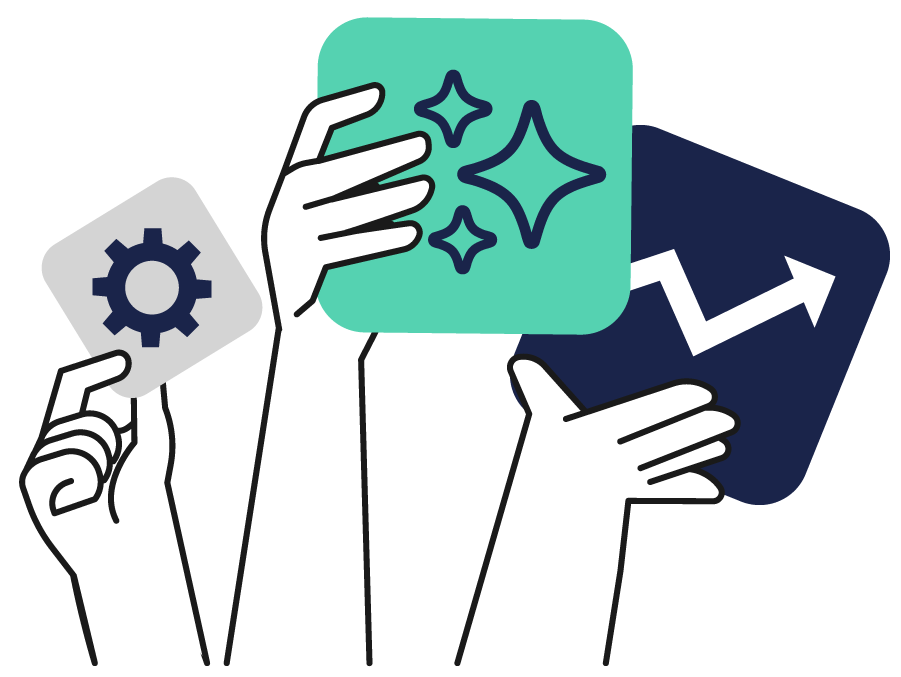 Illustration of hands holding tiles including cogs graphs and AI icon