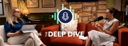 Sarah and Alex talking in the podcast studio